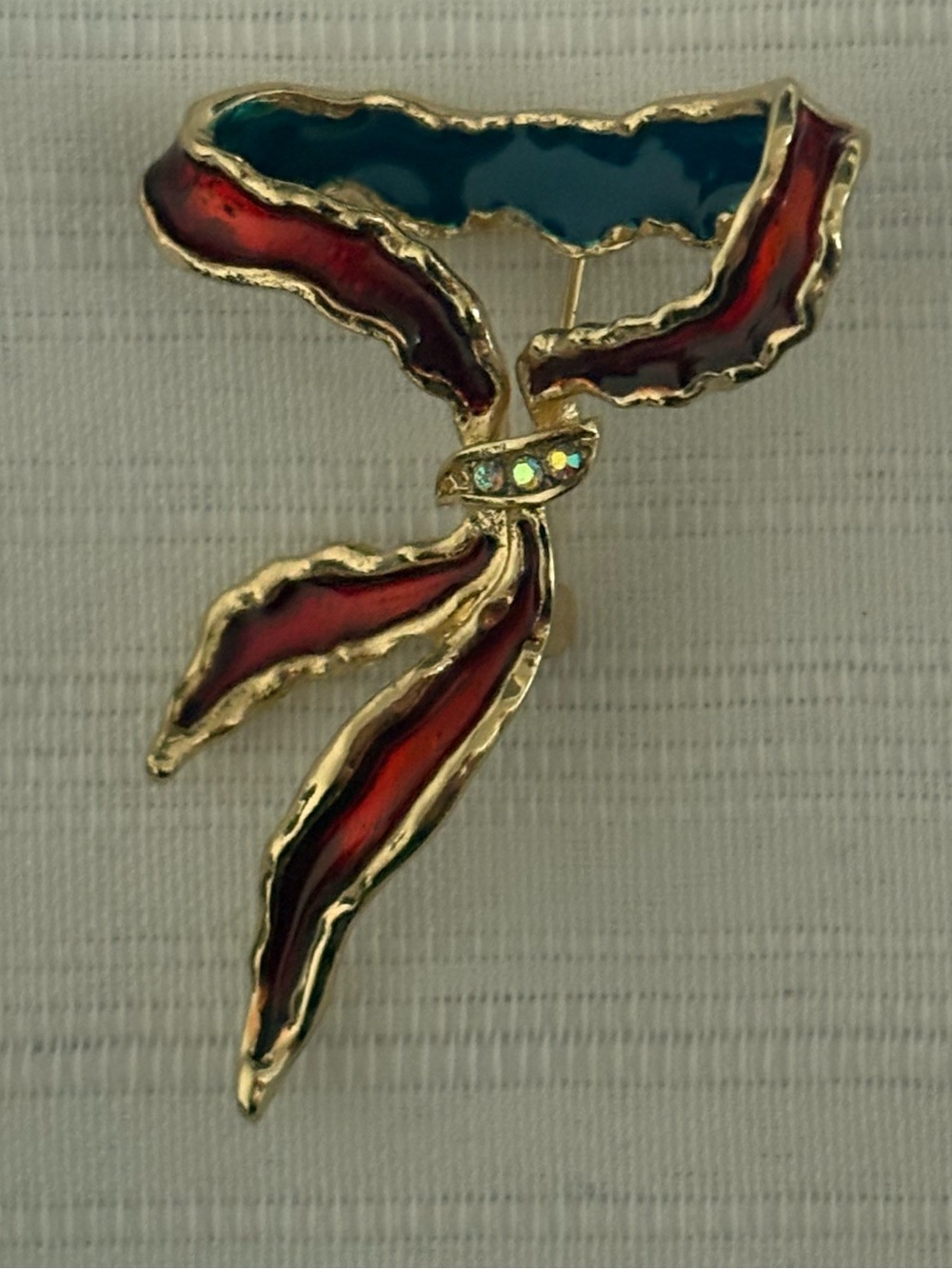 Gold Tone Red and Blue Ribbon Brooch with Rhinestones